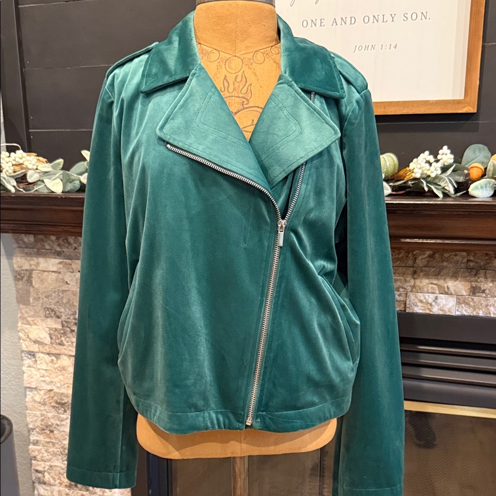 LC Lauren Conrad Teal Velvet Bomber Jacket